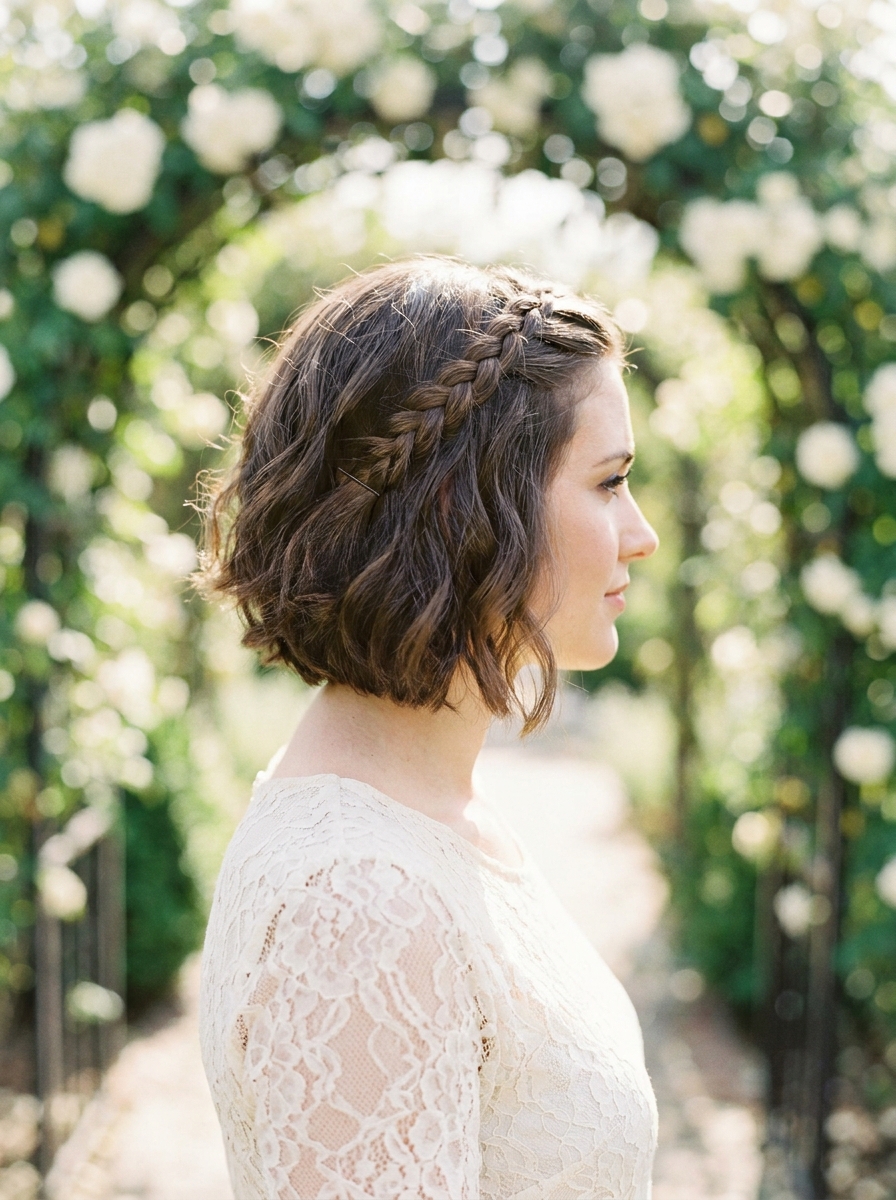 Kurzer Bob mit seitlichem Flechtdetail - Brautfrisuren kurze Haare